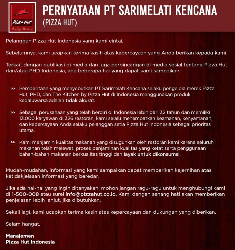 Pernyataan PT Sarimelati Kencana - Pizza Hut Indonesia