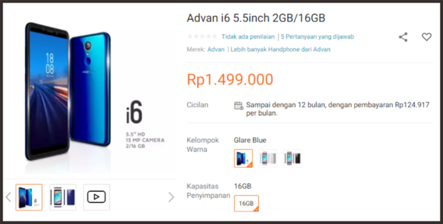 Inilah harga Advan i6 di salah satu ecommerce.