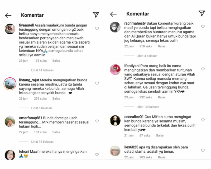 Komentar warganet di unggahan Dorce